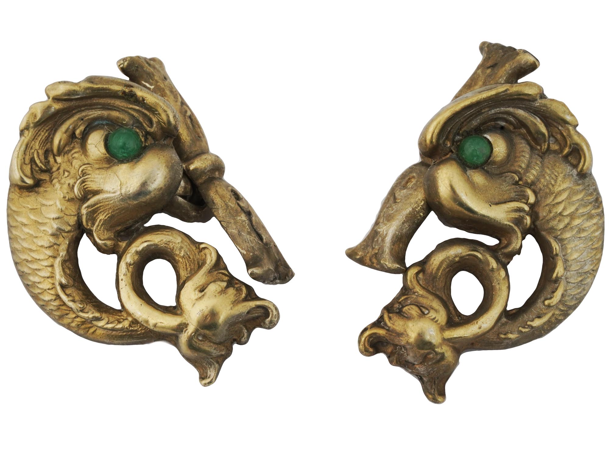 RUSSIAN GILT SILVER FISH CUFFLINKS WITH JADE PIC-0